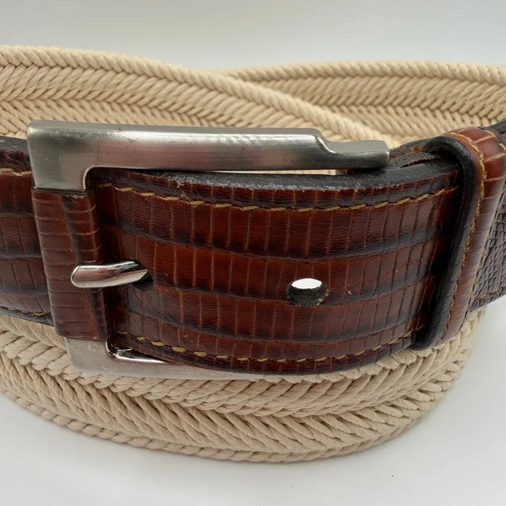 Trafalgar Mens Woven Cotton Rope Belt Lizard Embossed Leather Trim 38 Brown‎ USA